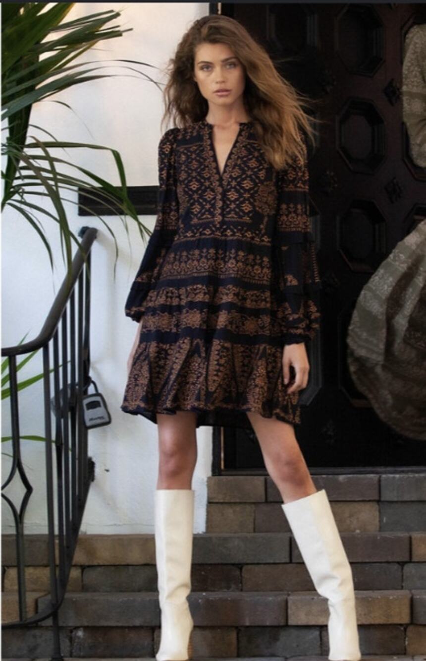 Hale Bob Adira Embroidered Black Bronze Dress Long Sleeve Tiered Small EUC $458